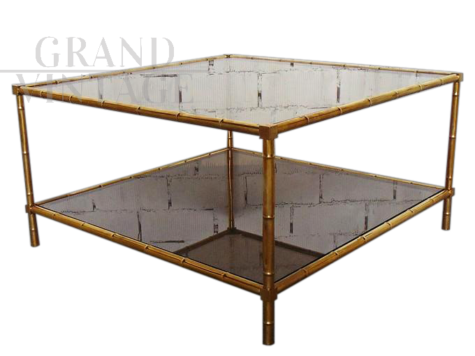 Vintage brass coffee table with smoked glass tops