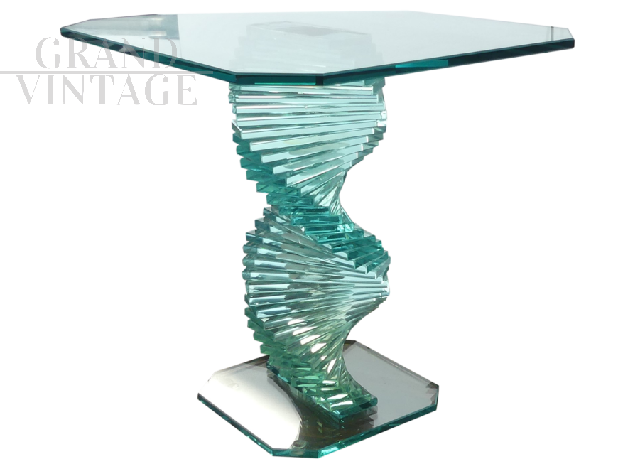 Vintage glass coffee table with spiral stem, 1970s