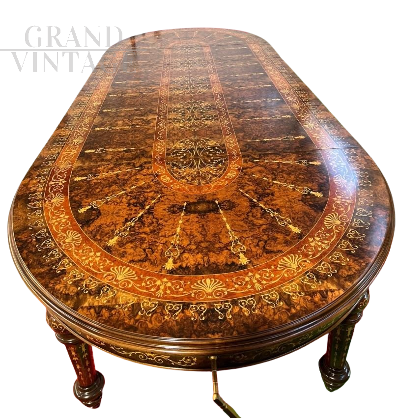 Antique inlaid Palladian table extendable by crank