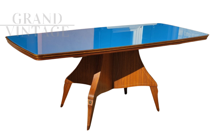 Vintage 50s table with light blue glass top and inlaid central leg