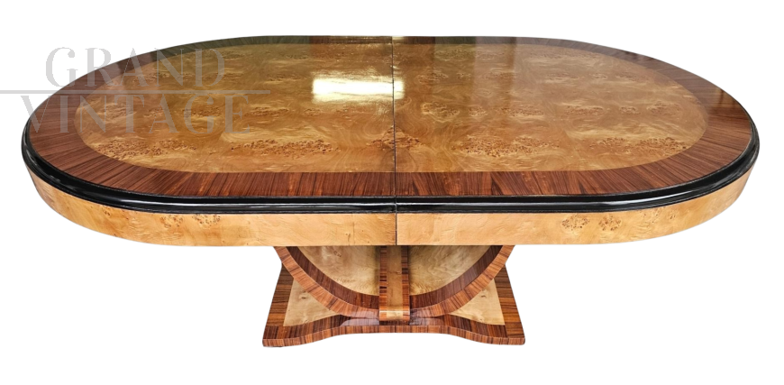 Extendable French art deco table in birch briar and rosewood