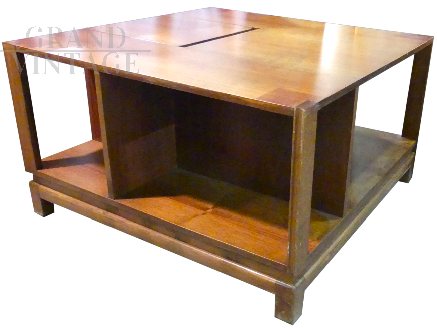 Large vintage coffee table in walnut with bottle holder