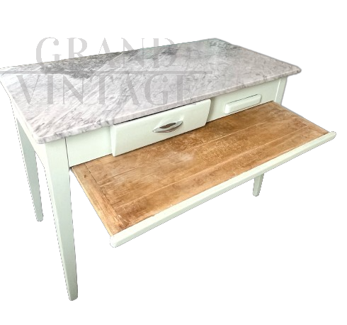 Vintage kitchen table with marble top, drawer, cutting boards and rolling pin