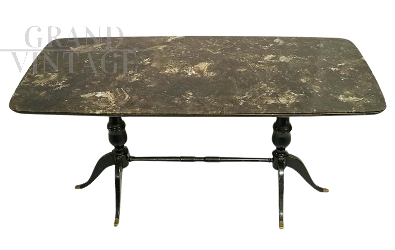 Black Art Deco dining table with black marble effect glass top