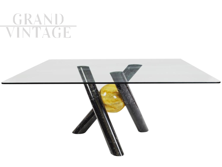 70's design table in black and yellow marble and glass top