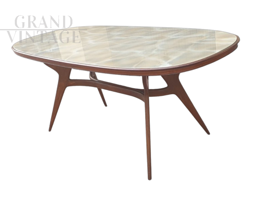 Ico Parisi style 50s table with beige marble effect glass top