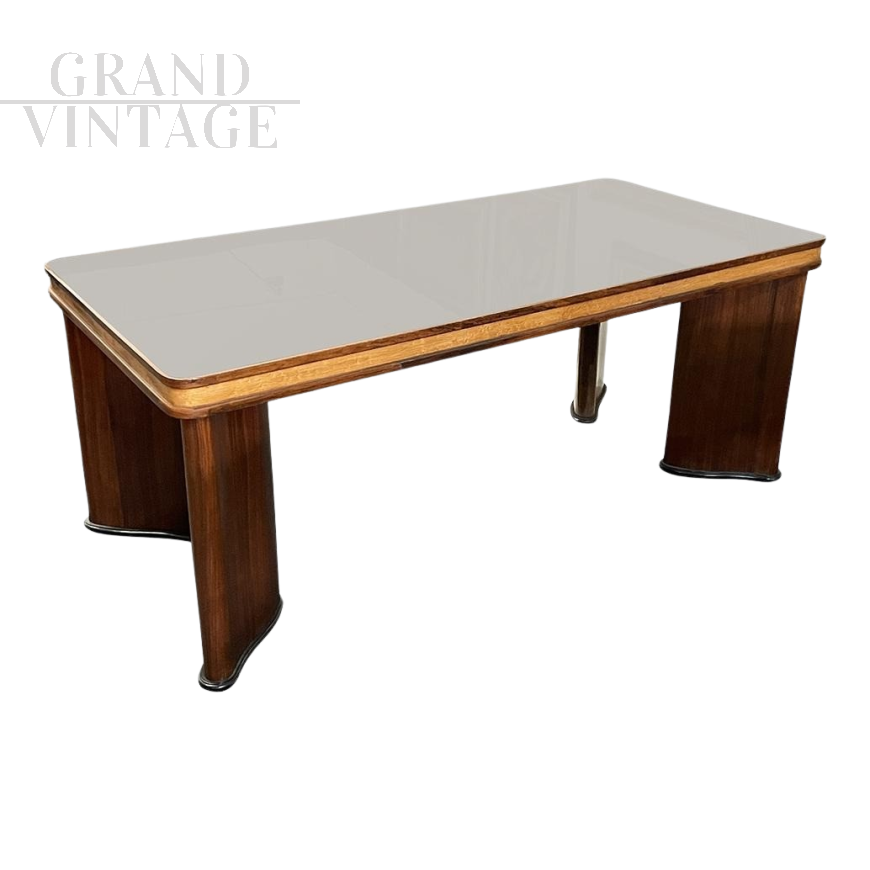 Art deco style table in wood and briar with black glass top  