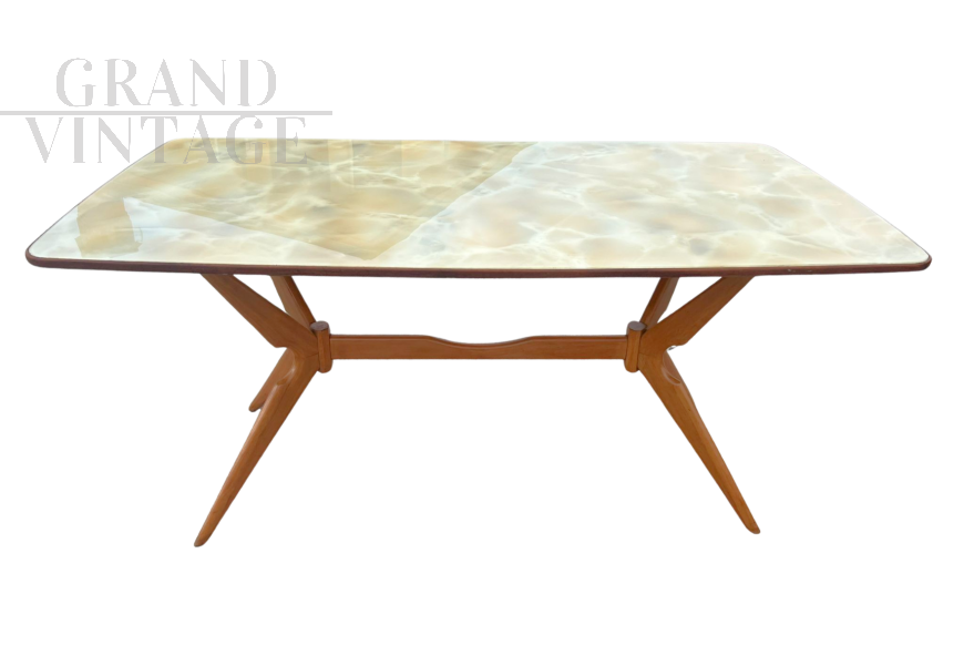 Ico Parisi style table in light wood with marbled glass top