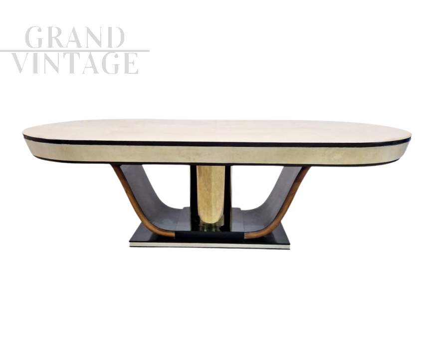 Oval table in natural parchment in Art Deco style