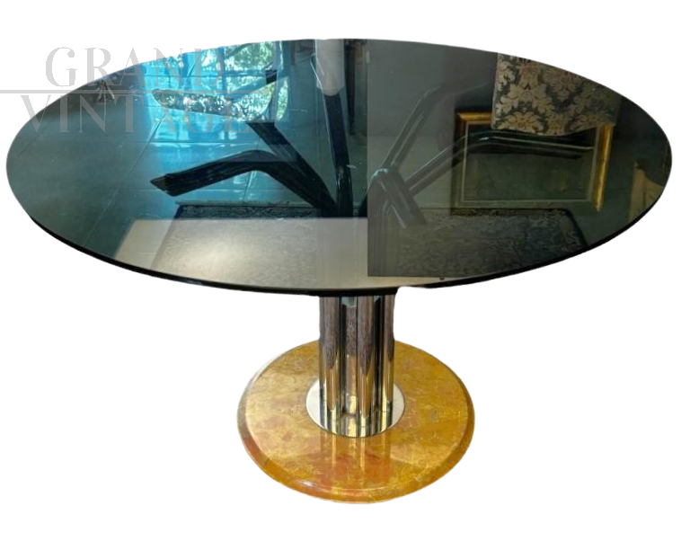 Vintage round table in steel, smoked glass and yellow marble, 1970s
