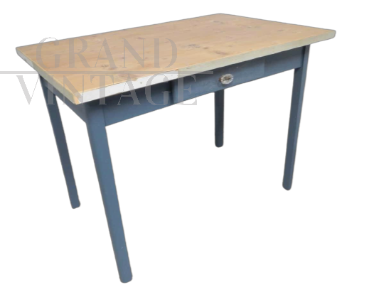 Vintage kitchen table in blue lacquered fir