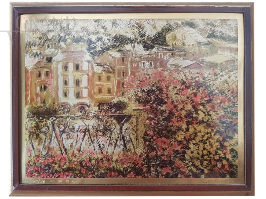 Terraces in Portofino - painting by Michele Cascella on gold leaf