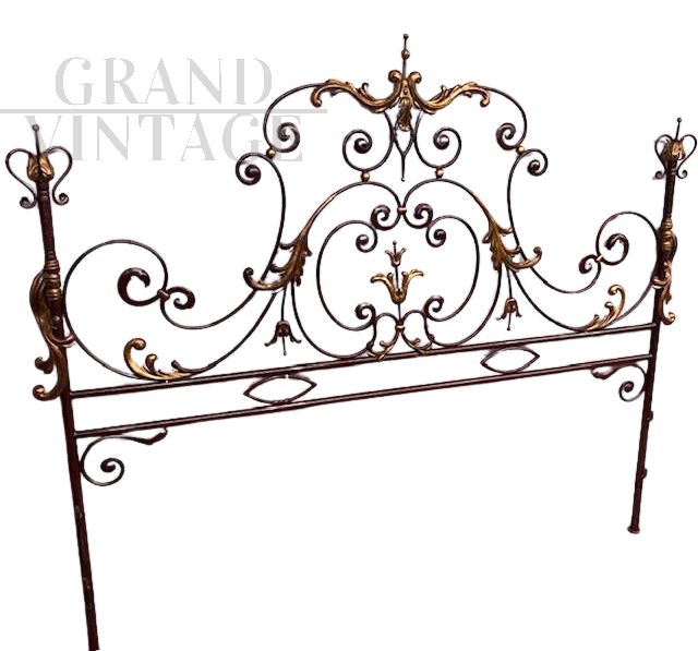 1930s gold and purple wrought iron double bed headboard