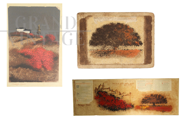 Triptych of paintings by Antonio Minezzi on aged papers                      
                            