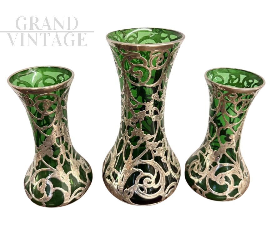 Triptych of Art Nouveau vases in green glass and silver, 1930s