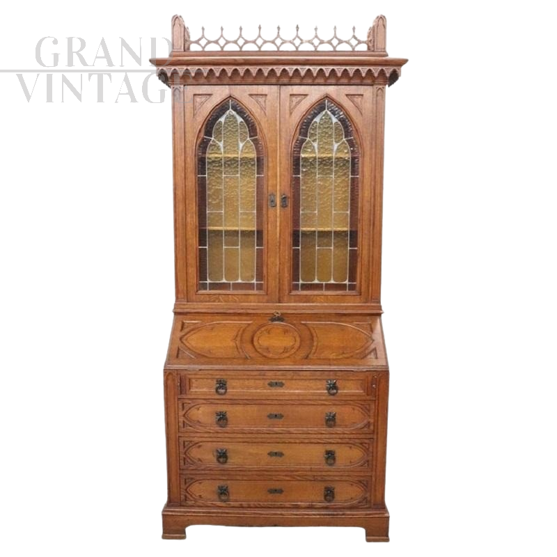 Antique gothic style bureau trumeau from the early 1900s in solid chestnut