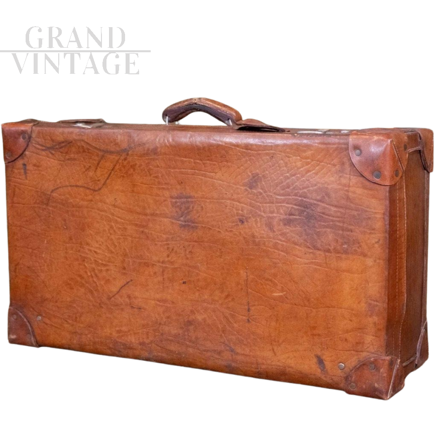 Vintage Brown Leather Suitcase with Key