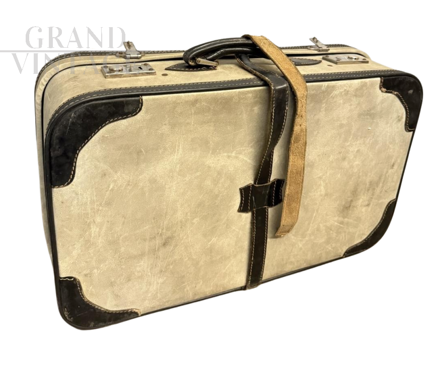 Vintage ivory and black leather suitcase, Italy 1950s