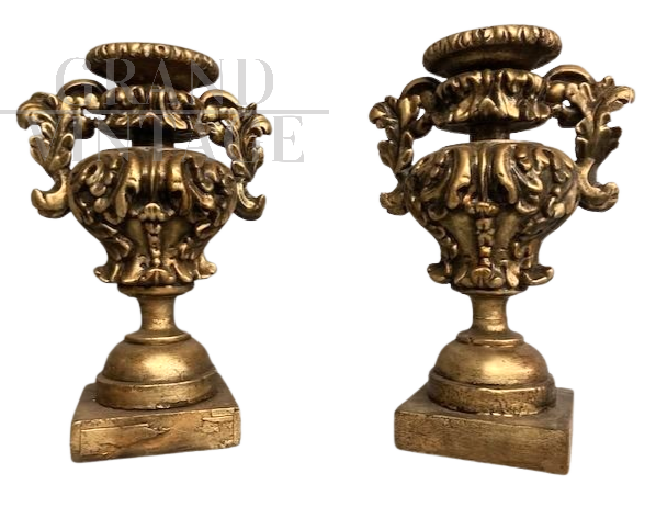 Pair of antique palm tree vases in carved and gilded wood  
