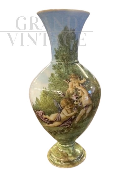 Antique Ginori ceramic vase with cherubs, 1850