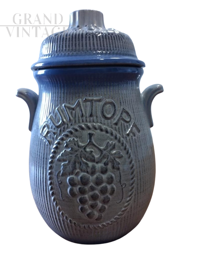 Vintage blue ceramic Rumtopf jar with lid