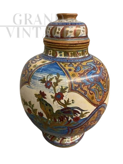 Large liberty potiche vase by Santarelli Gualdo Tadino with rooster