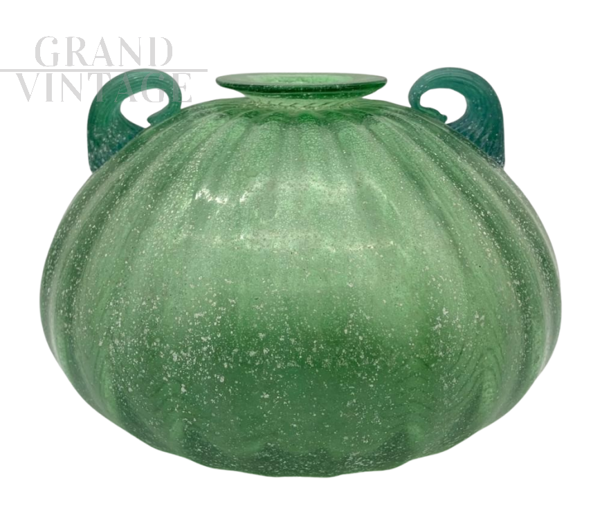 Green Murano glass bowl vase attributed to Seguso, Italy 1980s