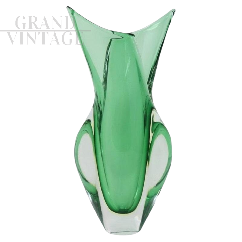 Vase with sinuous shapes in green submerged Murano glass, Italy 1960s