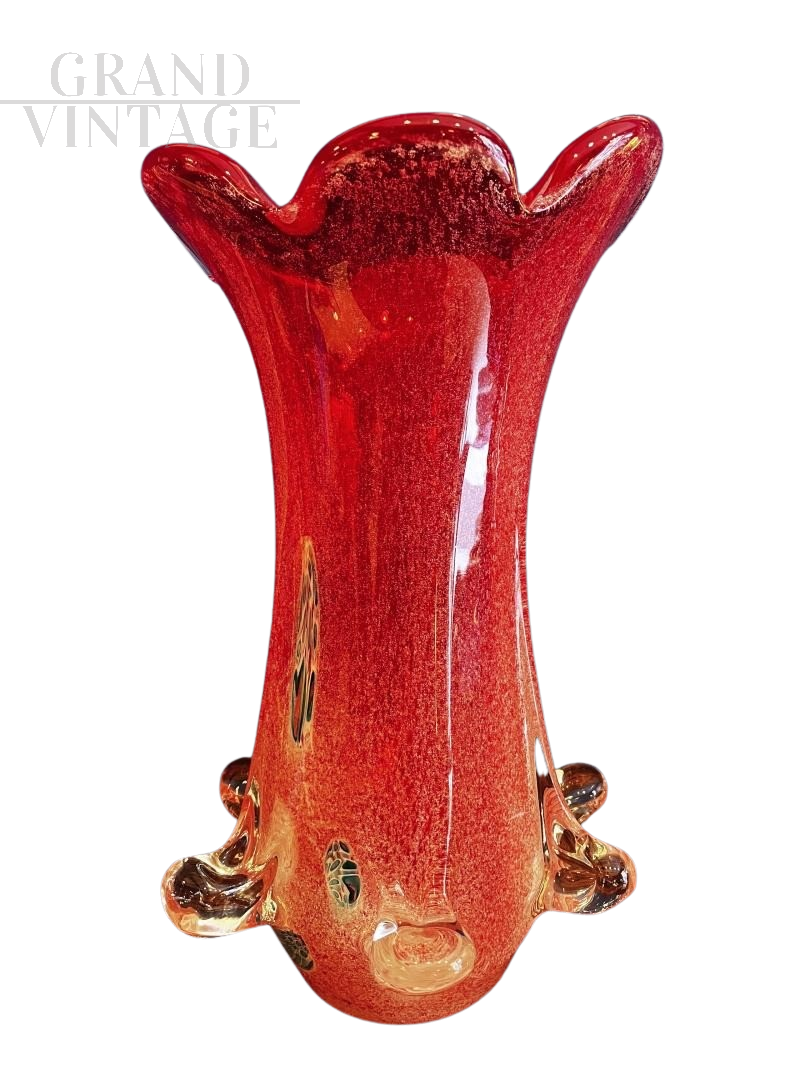 Moretti signed vase in red Murano glass, Italy 1960s