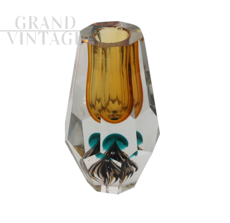 Faceted Murano glass vase in yellow ochre, 1970s