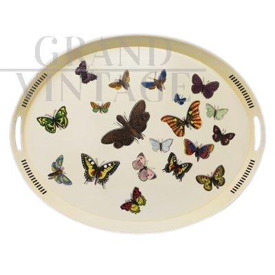 Oval metal tray by Piero Fornasetti with butterflies, Italy 1970s