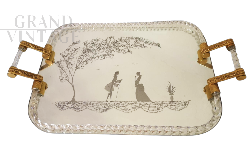 Barovier style mirrored Murano tray with gallant scene, 1950s