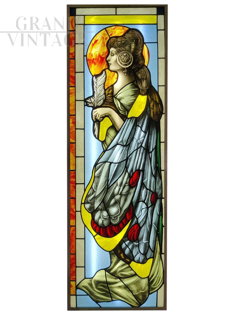 Stained glass window with leaded cathedral glasses, Italy 1950s
                            