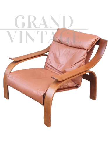 Woodline armchair in walnut and leather. 1970s, Marco Zanuso design for Arflex Italia