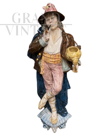 Bagpiper with pipe, Ginori majolica sculpture, Florence mid-19th century