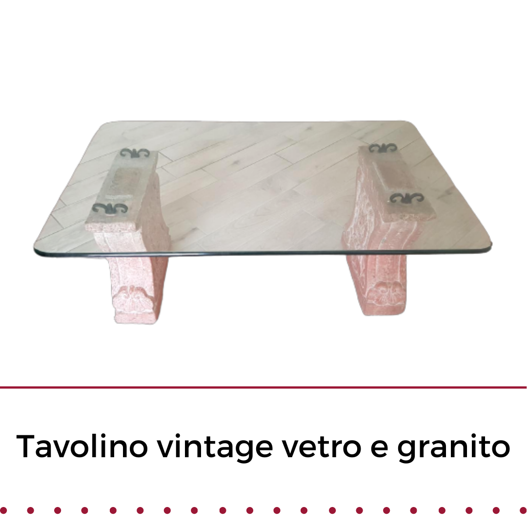 Tavolino vintage in vetro e granito rosa