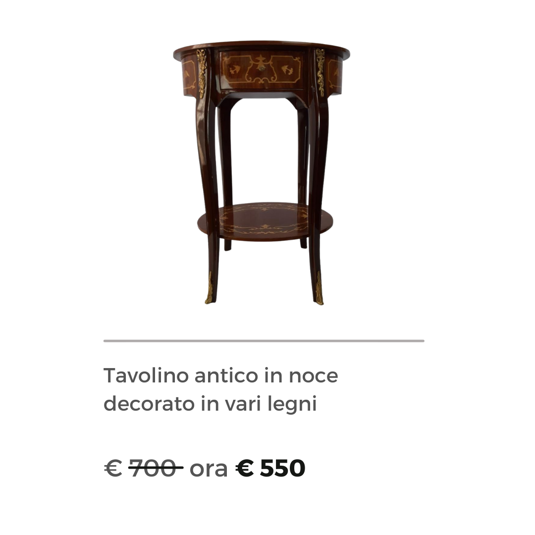 Tavolino antico in noce decorato in vari legni